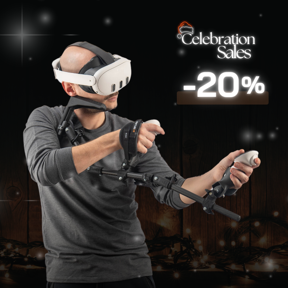 un support pour casque VR avec un casque et des contr&ocirc;leurs Quest 3 et un crosse de fusil